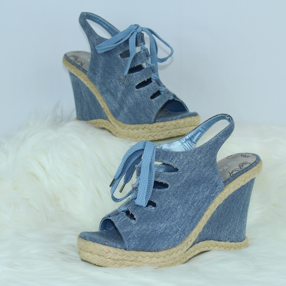 3/$25 Chambray Tie Up Wedge Sandals